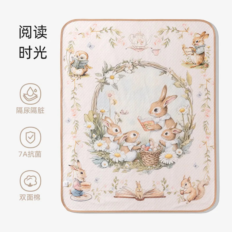tapis bébé imperméable lavable 50x70cm illustrations canards lapins doux enfantin beige rose bleu