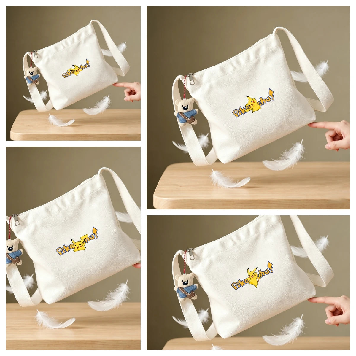 sac bandoulière toile blanc pikachu anime ours peluche grande capacité sac main
