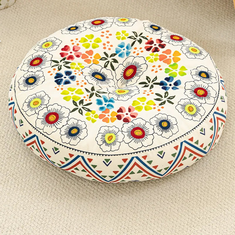 coussin rond boho chic motifs floraux géométriques antidérapant polyester blanc bleu