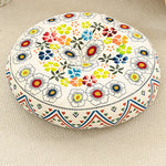 coussin rond boho chic motifs floraux géométriques antidérapant polyester blanc bleu