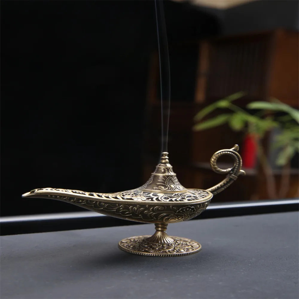 lampe huile bronze doré ornements floraux artisanale vintage bougie noire purifier air décoration intérieure