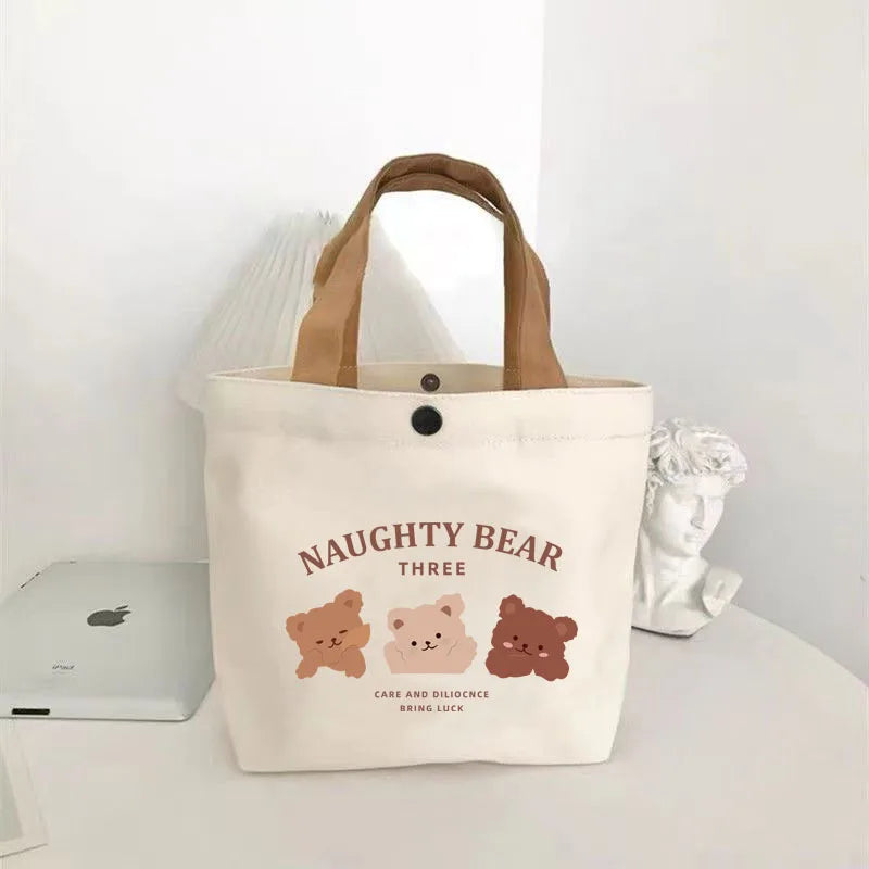 sac main toile imprimé ours blanc marron moderne poignées cuir portable étudiante