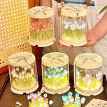 boîte gâteau lumineuse transparente tulipes colorées moderne décoration chambre veilleuse artisanale feuilles plastique
