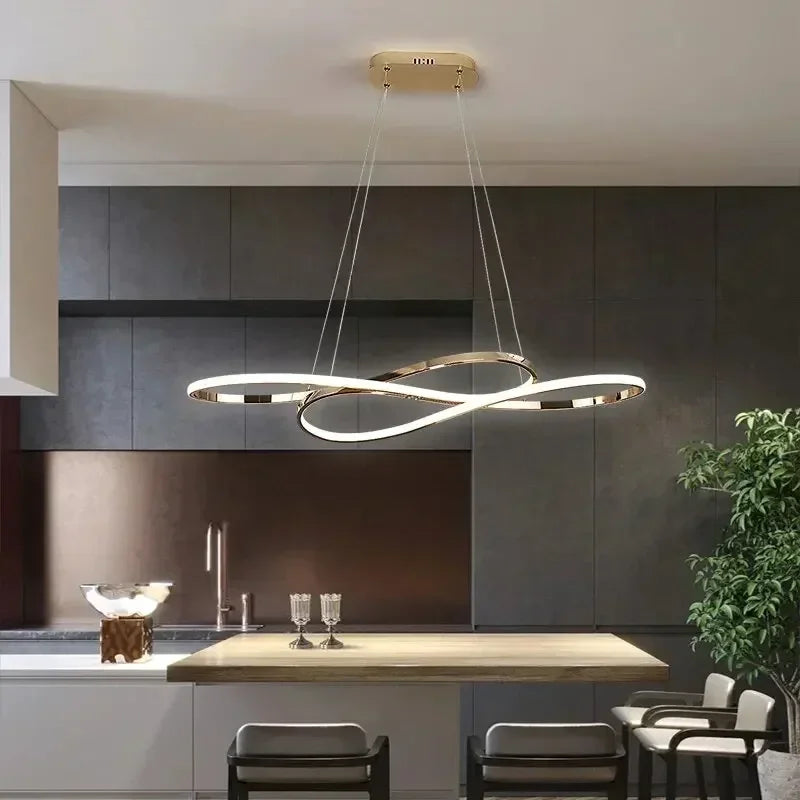 suspension lumineuse moderne or blanc anneaux entrelacés éclairage led réglable télécommande fixations chambre restaurant