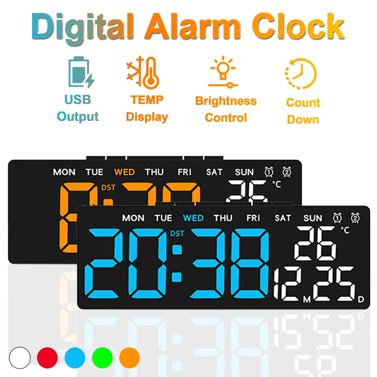 Horloge numérique LED affichage temps jour date température noir blanc vert bleu.orange moderne