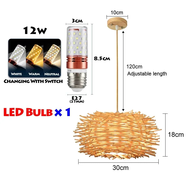 suspension lumineuse bois tressée moderne ampoule led câble électrique chambre salon
