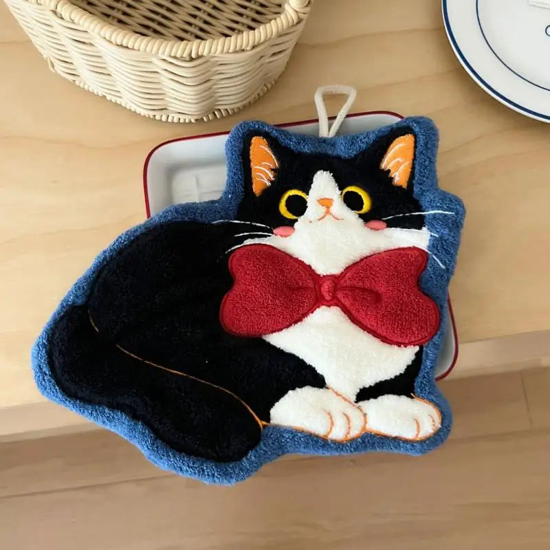 serviette toilette noire blanche bleue chat mignon coiffures différentes anneaux métal absorbante salle bain