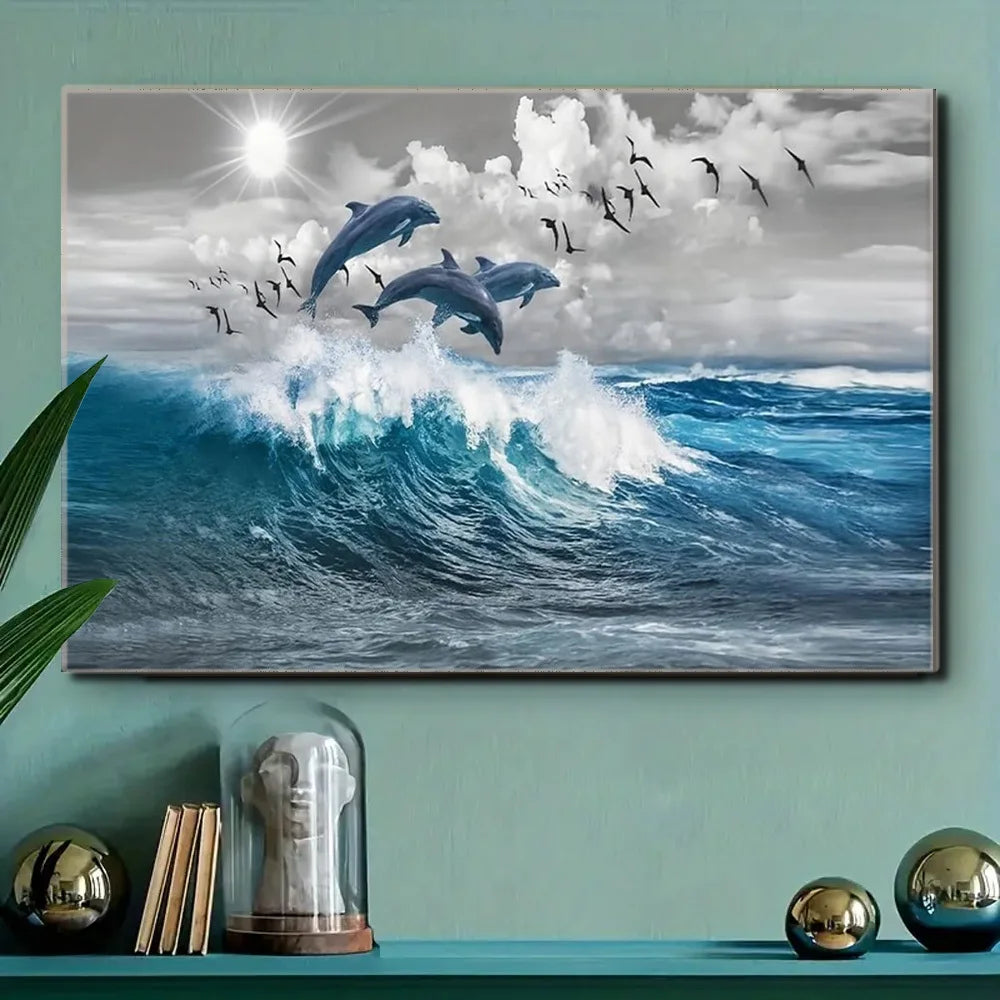 tableau impression dauphins sautant vagues océan moderne toile paysage vertical maison décoration art mural