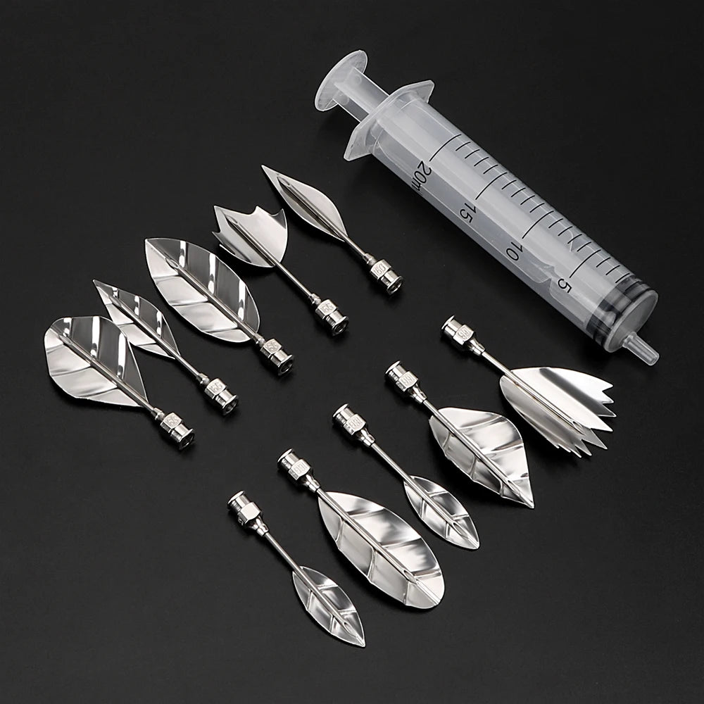 outils décorateurs desserts seringue feuilles plastique transparent graduations embouts métal argenté fleurs gelée