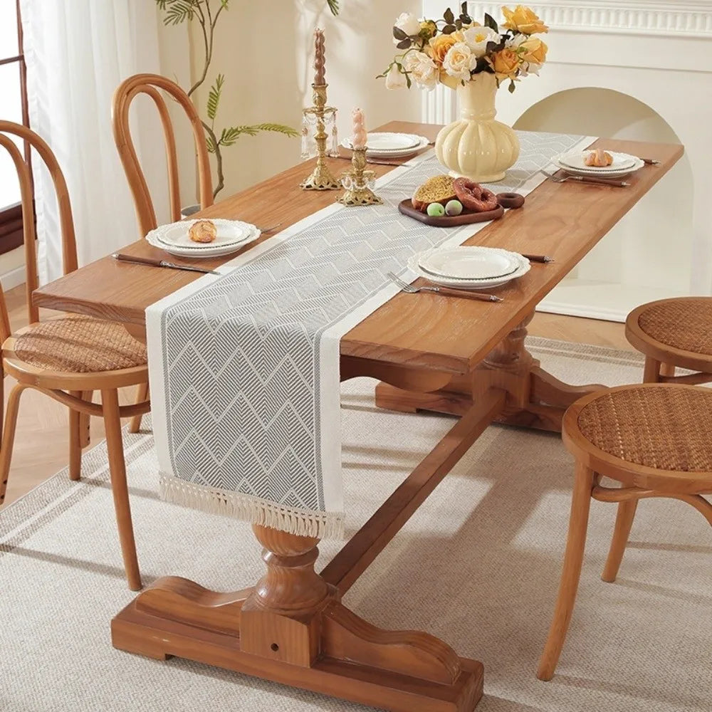 nappe table beige geometrique franges tissage rustique boheme abstrait 180cm 35cm