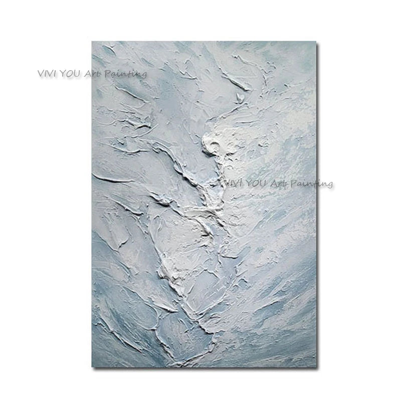 peinture l'huile abstraite vague bleu clair gris moderne texture rugueuse toile rectangle vertical sans