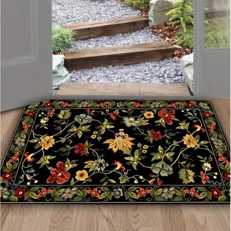 tapis moderne fleuri noir blanc extérieur intérieur résistant antidérapant chambre cuisine