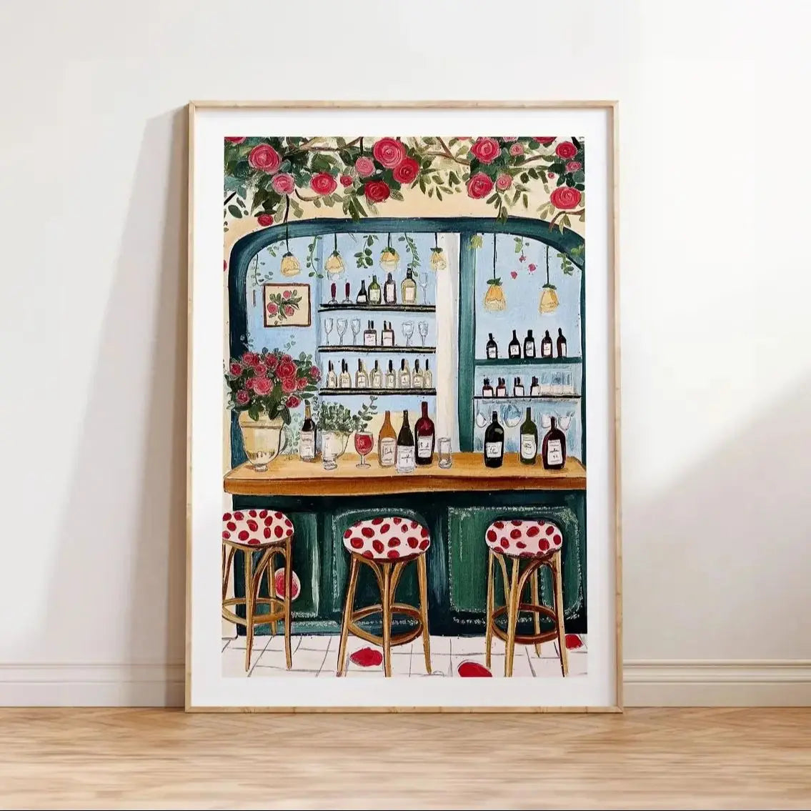 affiche imprimée bar bouteilles tabourets fleurs guirlandes multicolore art mural décoration cuisine chaleureuse illustration