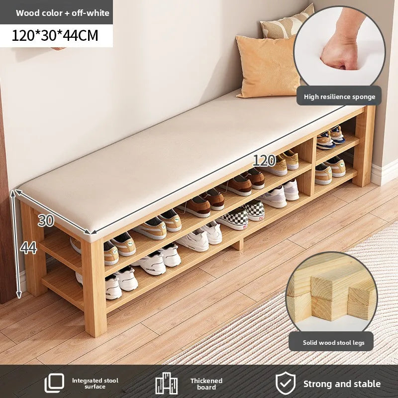 tabouret rangement chaussures bois naturel moderne minimaliste coussin rembourré étagère entrée multifonction adultes seniors