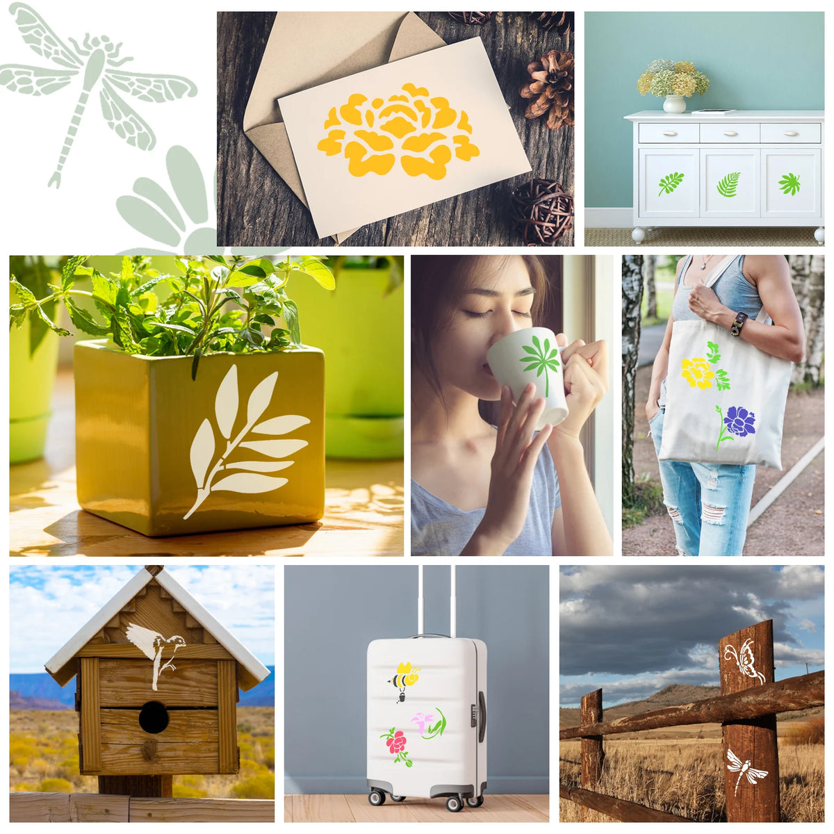 stencils peinture bois blanc motifs floraux oiseaux abeilles papillons artisanal bricolage