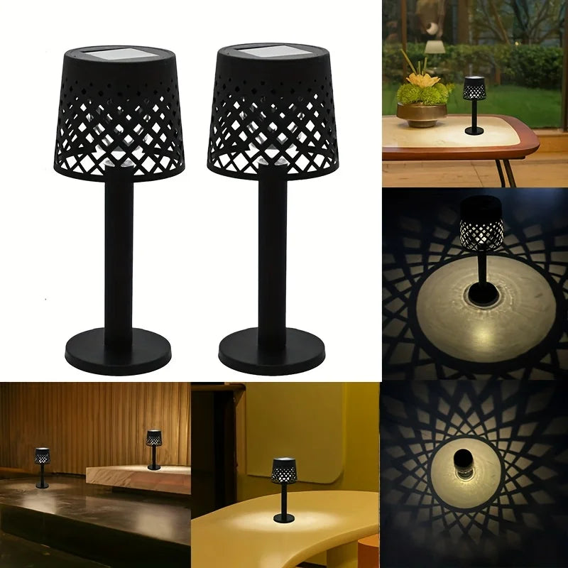 lampe solaire extérieure noir grille moderne basse consommation lumière chaude détecteur mouvement recharge solaire