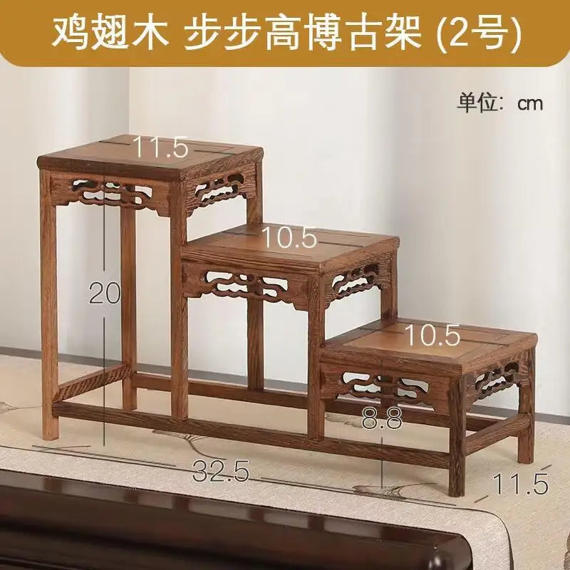 présentoir bois sculpté banc traditionnel marron foncé classique meuble rétro décoration maison figurines plantes