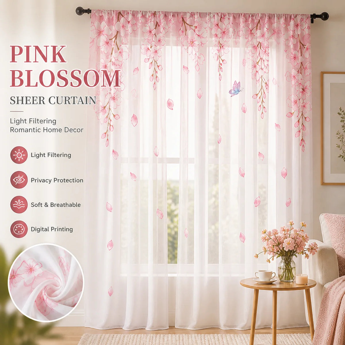 rideau floral transparent rose semi opaque japonais intérieur romantique chambre salonDecorationInteriorRomantiqueJaponaisChambreSalon