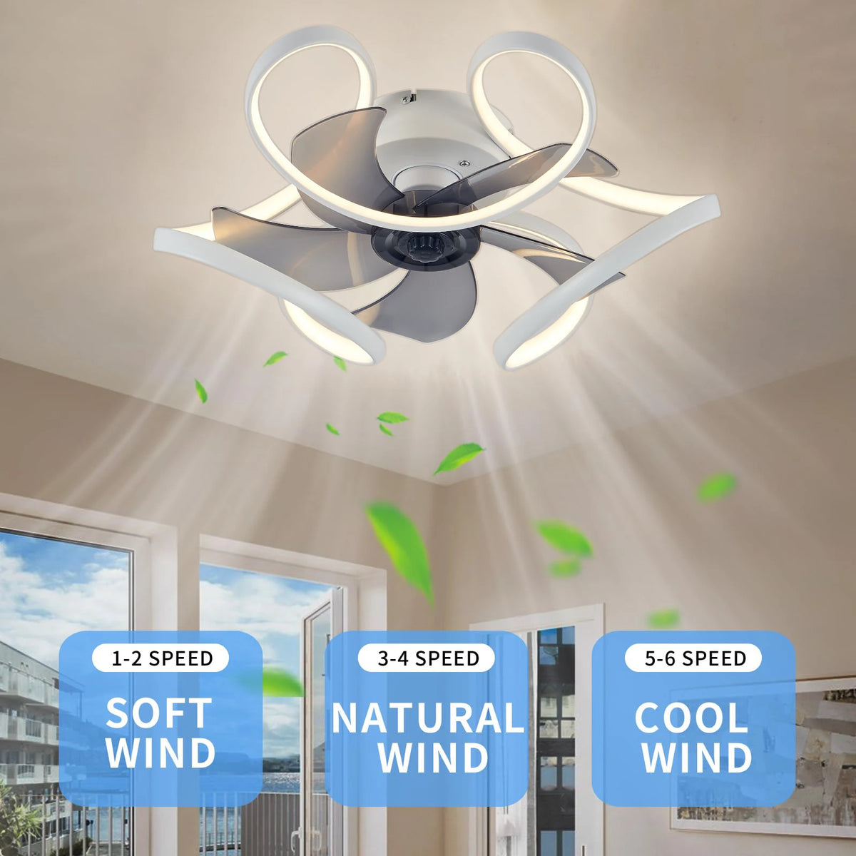 ventilateur lampe led moderne télécommande contrôle mobile noir blanc contemporain minimaliste