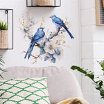 sticker mural oiseaux branches fleurs art floral adhésif bleu blanc beige bruns chambre salon