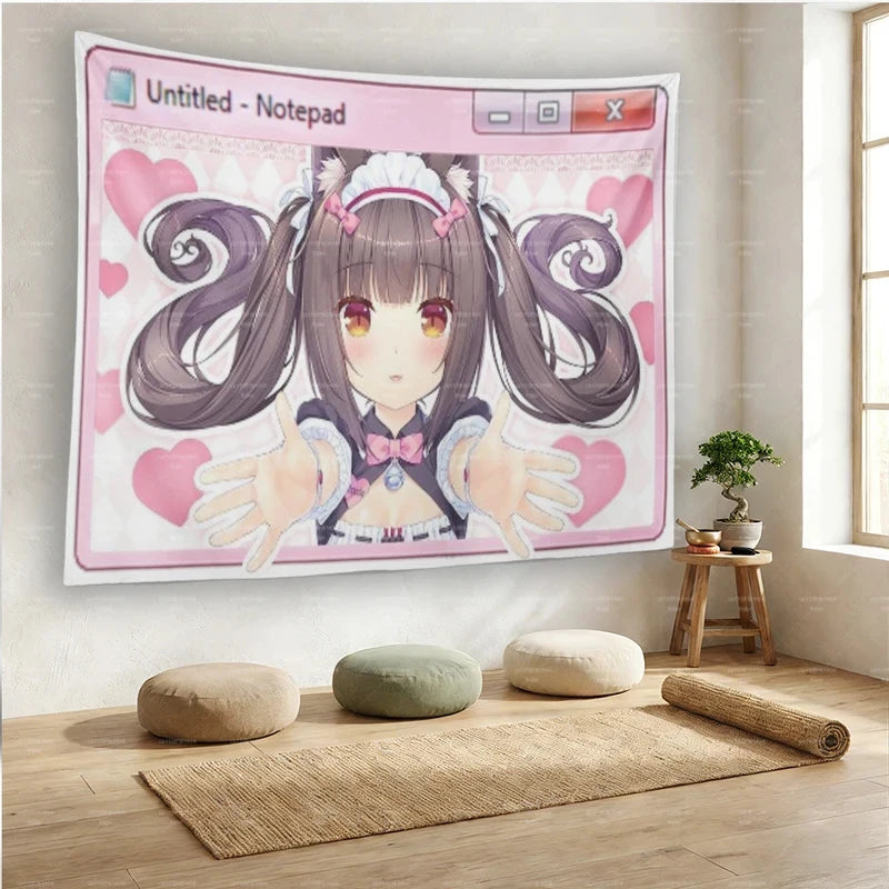 tapisserie anime illustration fille coeurs rose chambre dormir décoration mur polyestère lavable machine