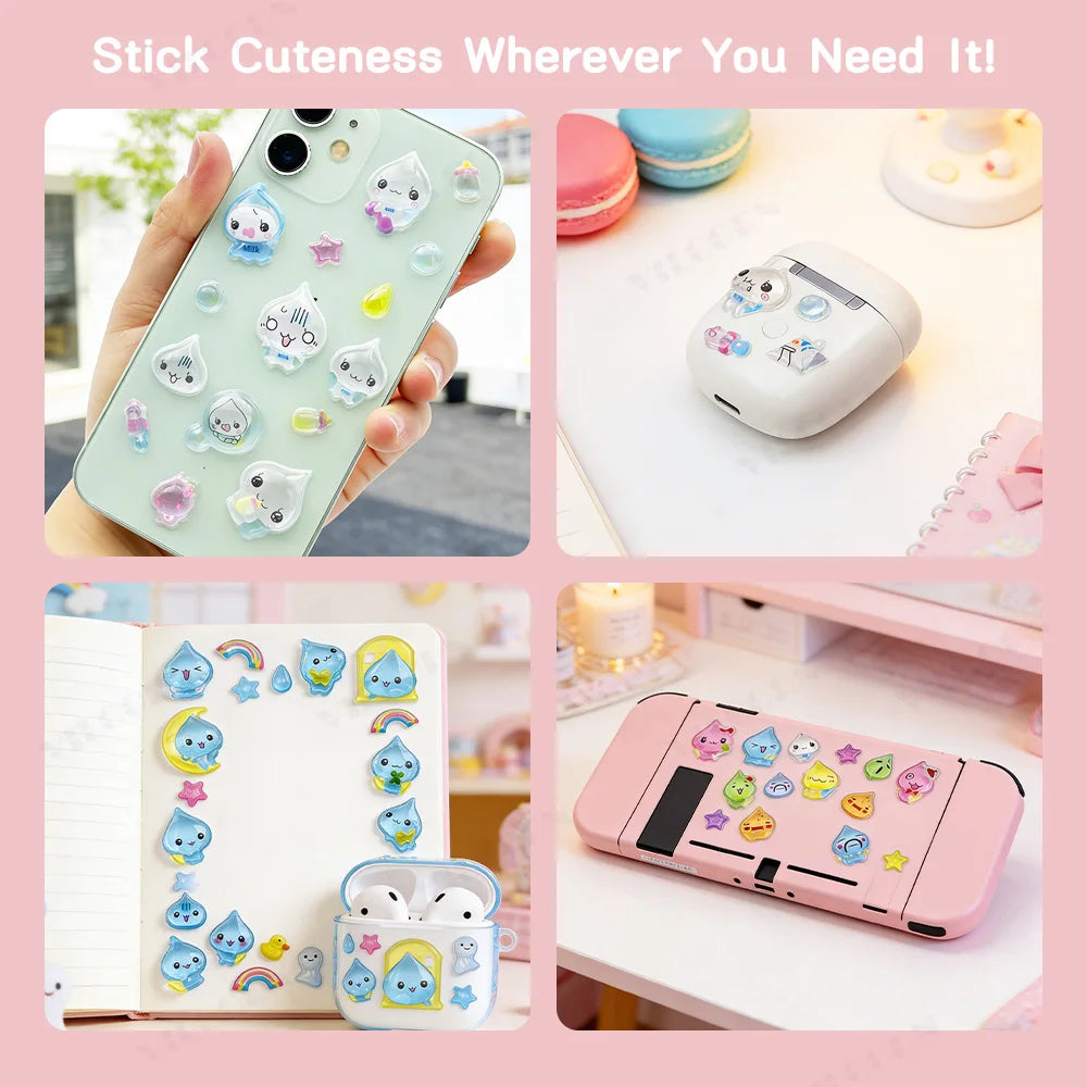 sticker 3d mignon goutte d'eau animaux étoiles arc ciel kawaii adhésif rose blanc bleuclair.texture