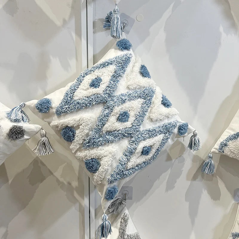 coussins bohèmes 3d franges taies d'oreiller décoratives géométriques brodés moderne blanc bleu clair polyester