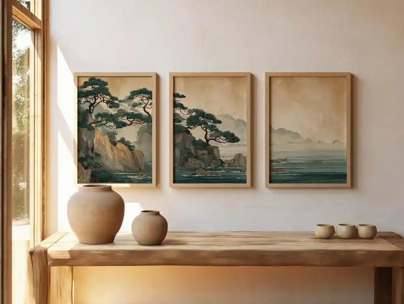 tableaux impression toile japonaise paysages marins arbres rochers vert beige bleu gris noirs salon