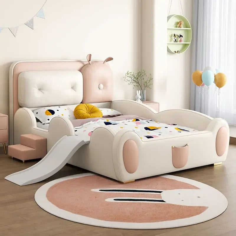 lit enfant toboggan simili cuir beige rose doux moderne tapis rond coussins