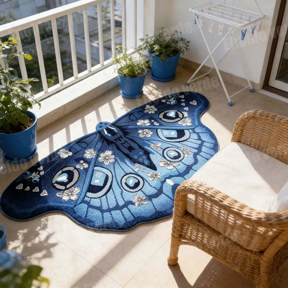 tapis bleu blanc papillons fleurs moderne antidérapant salon chambre cuisine extérieur voyage