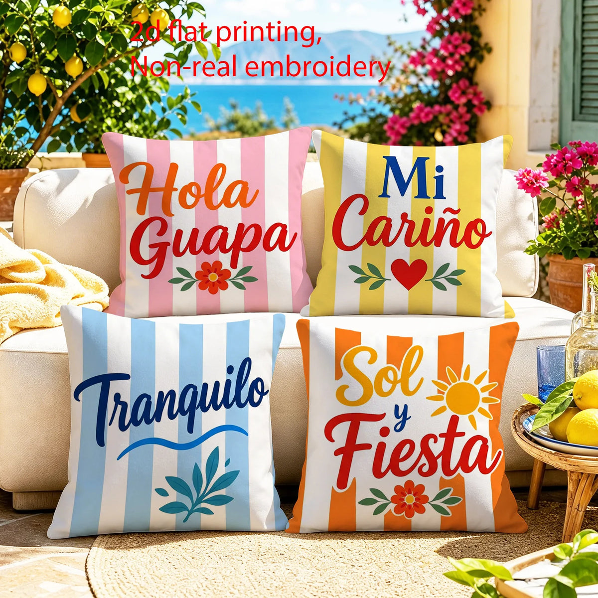 taies d'oreiller moderne rose clair jaune bleu orange blanc rayures textes fleurs 40x40cm 45x45cm