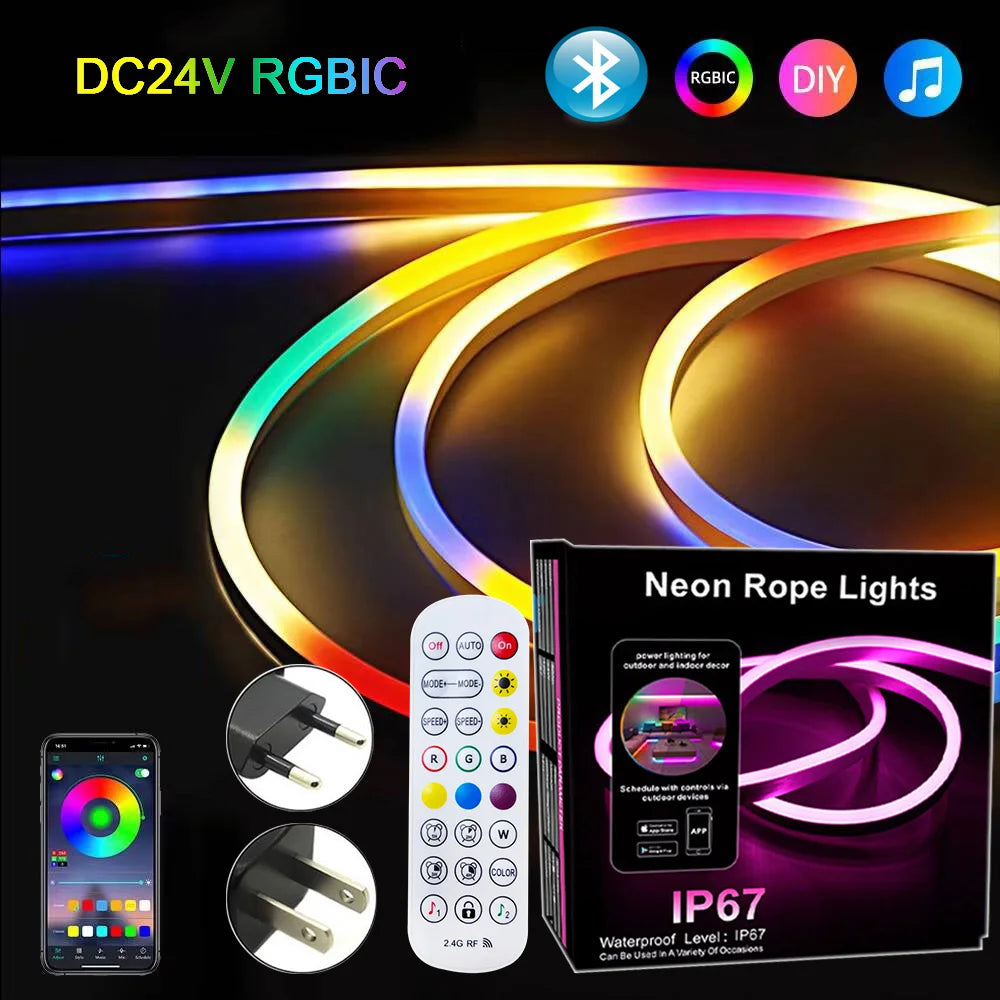 ruban led néon multicolore moderne 24v bluetooth télécommande 10m 15m clips mur