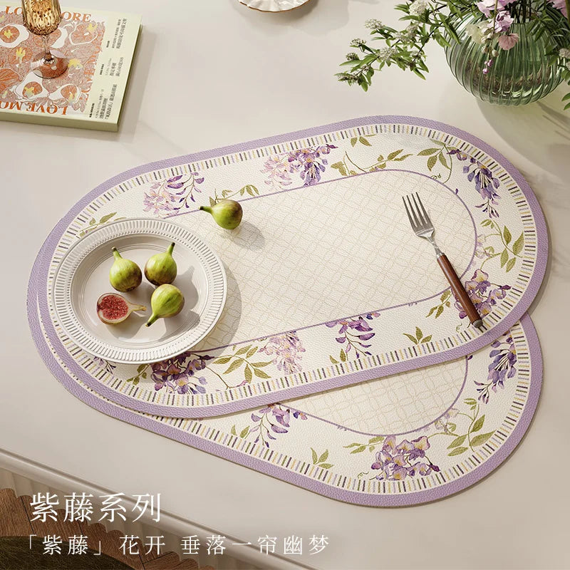 tapis table violet vert beige fleurs feuilles bordure rayée classique floral resistant pvc 30x50cm