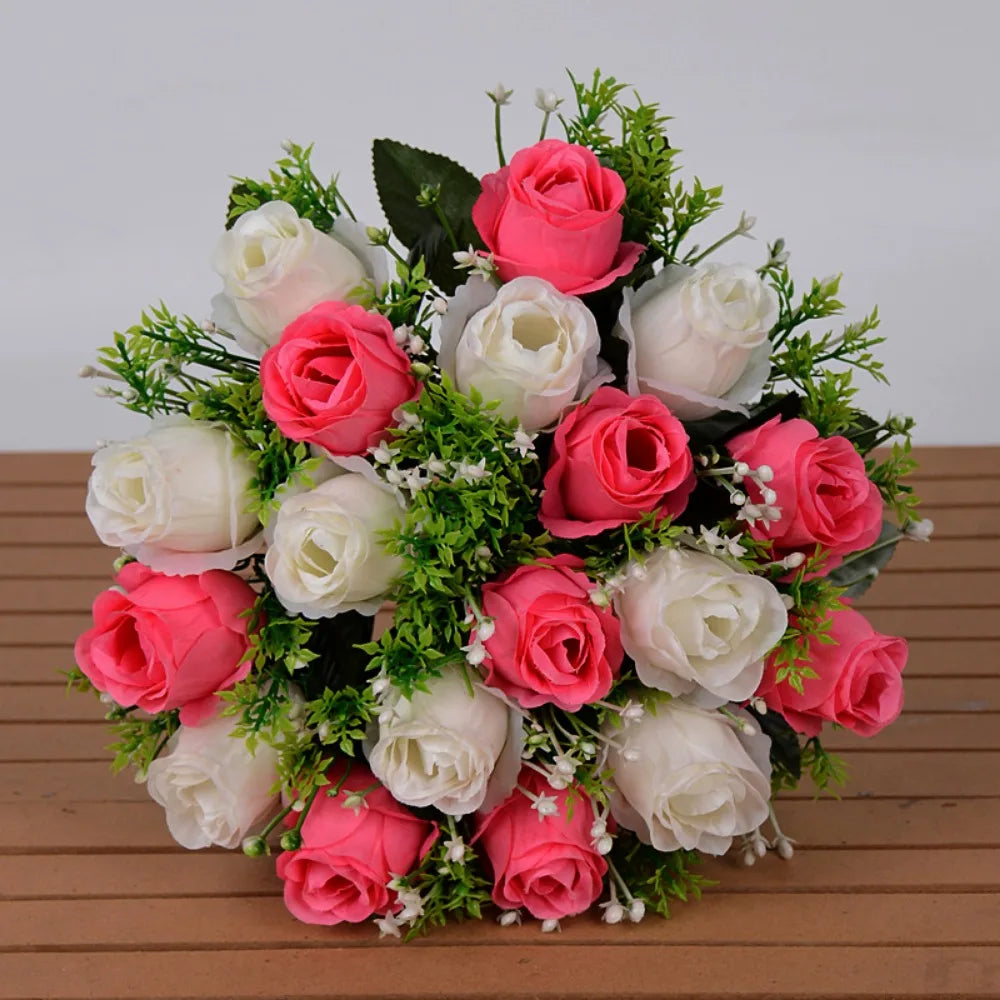 décoration intérieure bouquet roses artificielles 18 fleurs 37cm vert clair violet rose