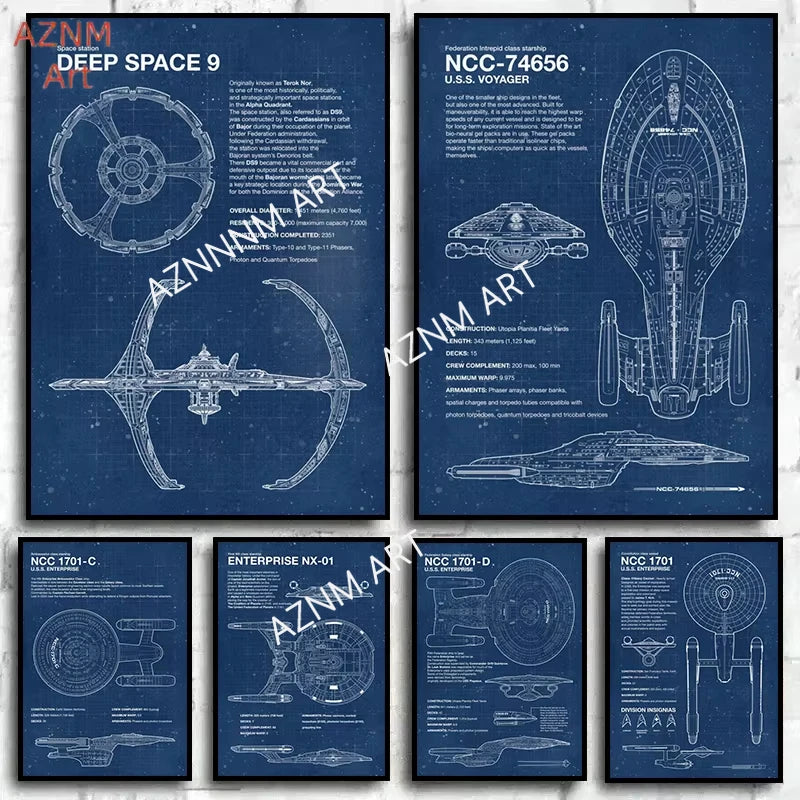 affiche toile vaisseau spatial bleu plan technique dessin mural décoration maison espace profond