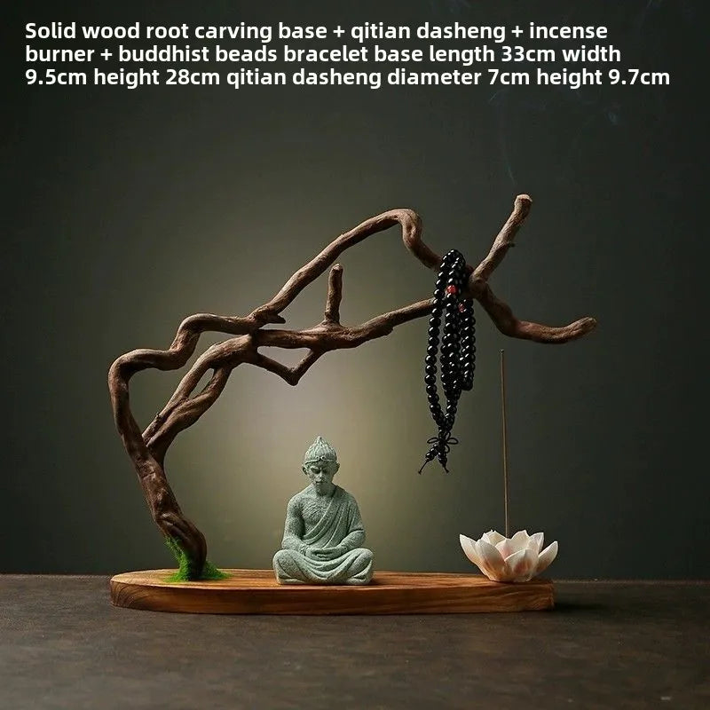 statue bouddha fleur lotus prière support bois artisanal naturel vert noir blanc brun