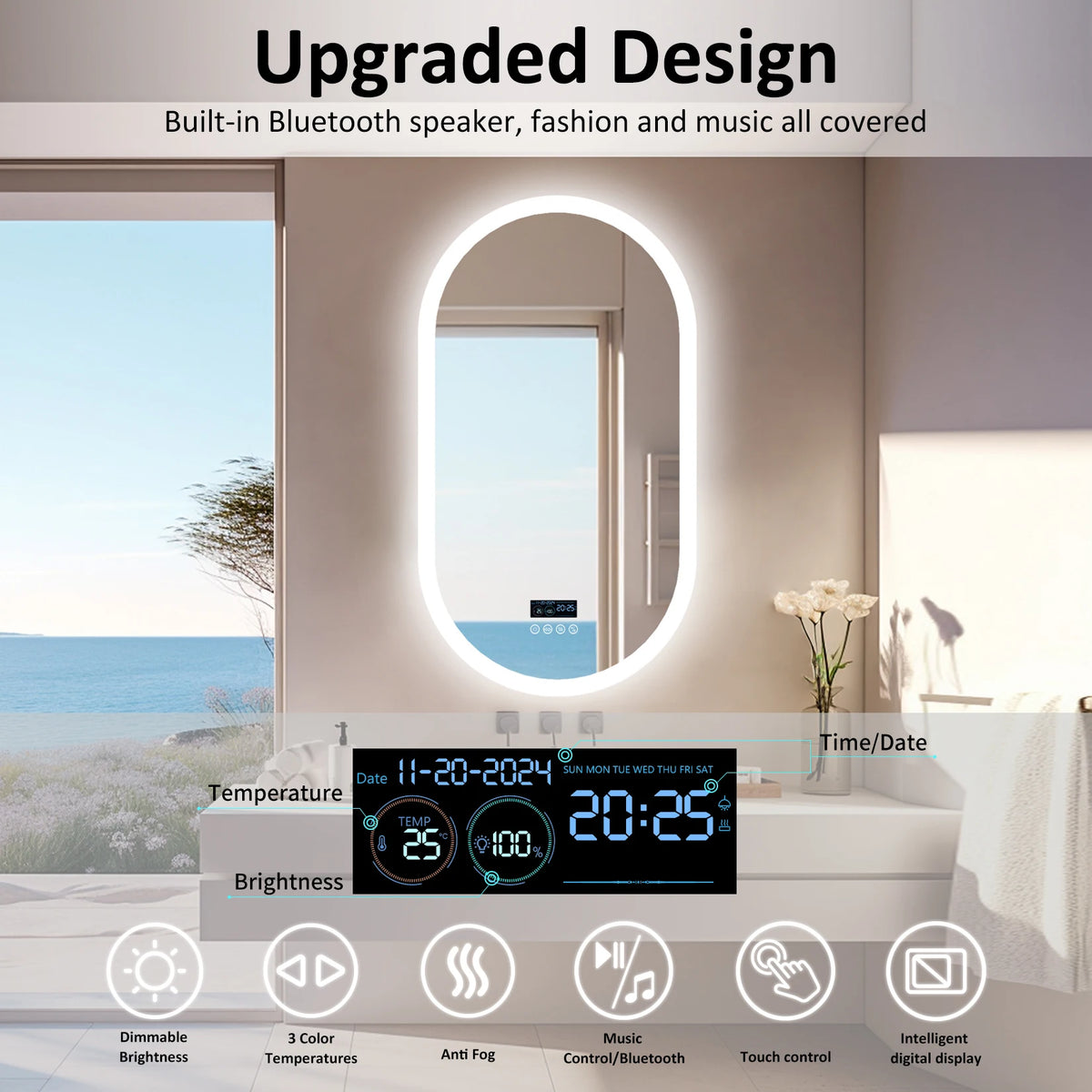 miroir lumineux moderne bluetooth éclairé anti buée date heure marbré blanc beige