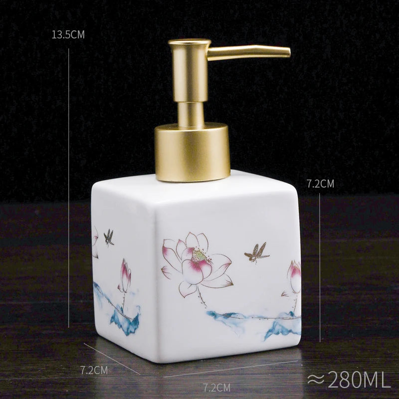 distributeur savon liquide céramique blanc bleu fleurs classique salle bains 280ml 450ml