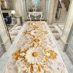 Table en marbre blanc et or avec des motifs floraux sculptés en relief, placée dans un décor intérieur élégant et luxueux.