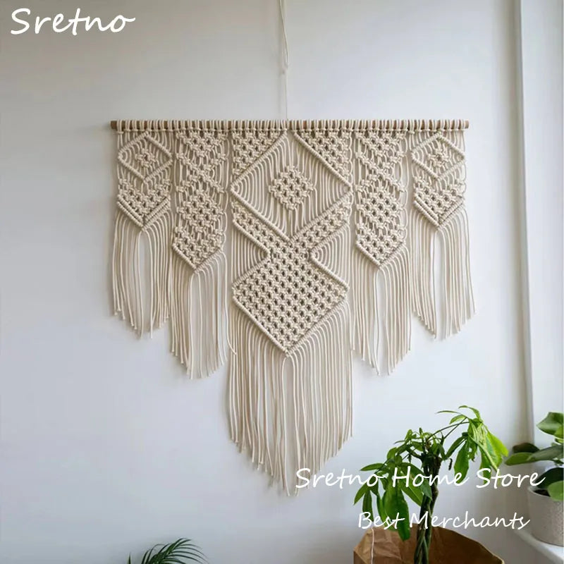tapisserie macramé géométrique franges bohème décoration murale øllets beige clair