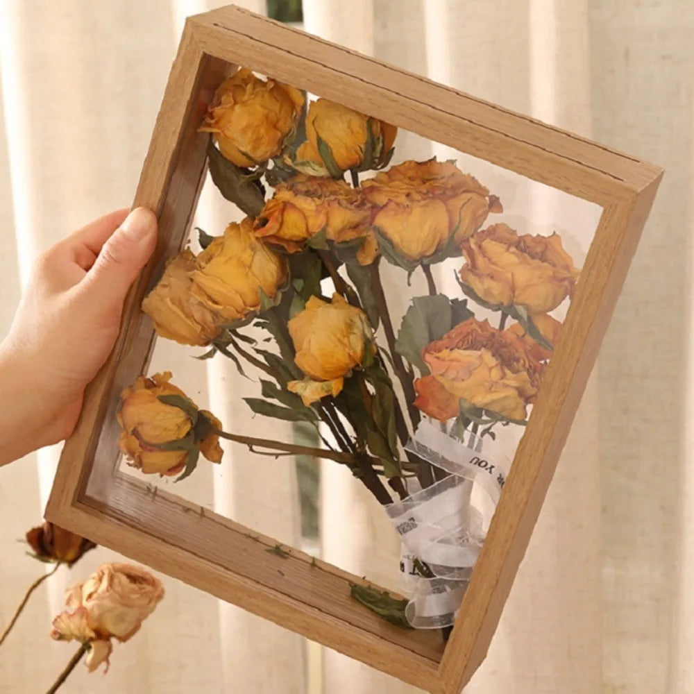cadre fleurs séchées bois transparent bouquet display box storage décoration intérieure clips rustique naturel