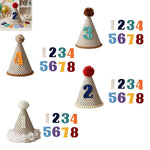 chapeau anniversaire enfant rayures pompon chiffres decoratif festif adhésif blanc marron bleu orange