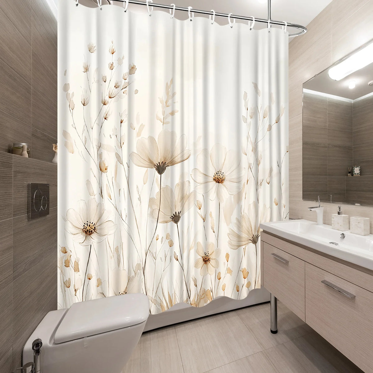 rideau douche moderne floral polyester blanc beige anneaux métalliques opaques grande taille machine laver