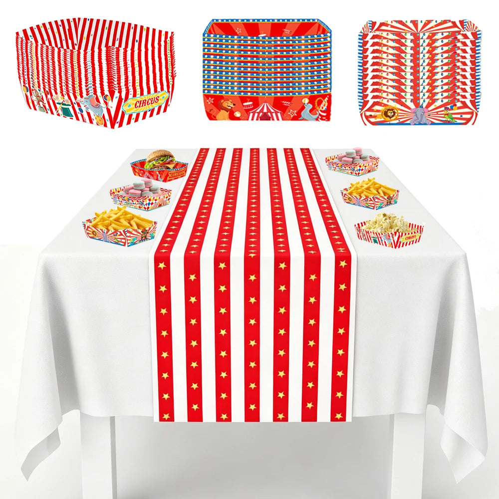 nappe table rouge blanche étoiles assiettes jetables thème cirque boîtes popcorns fêtes anniversaires carnaval