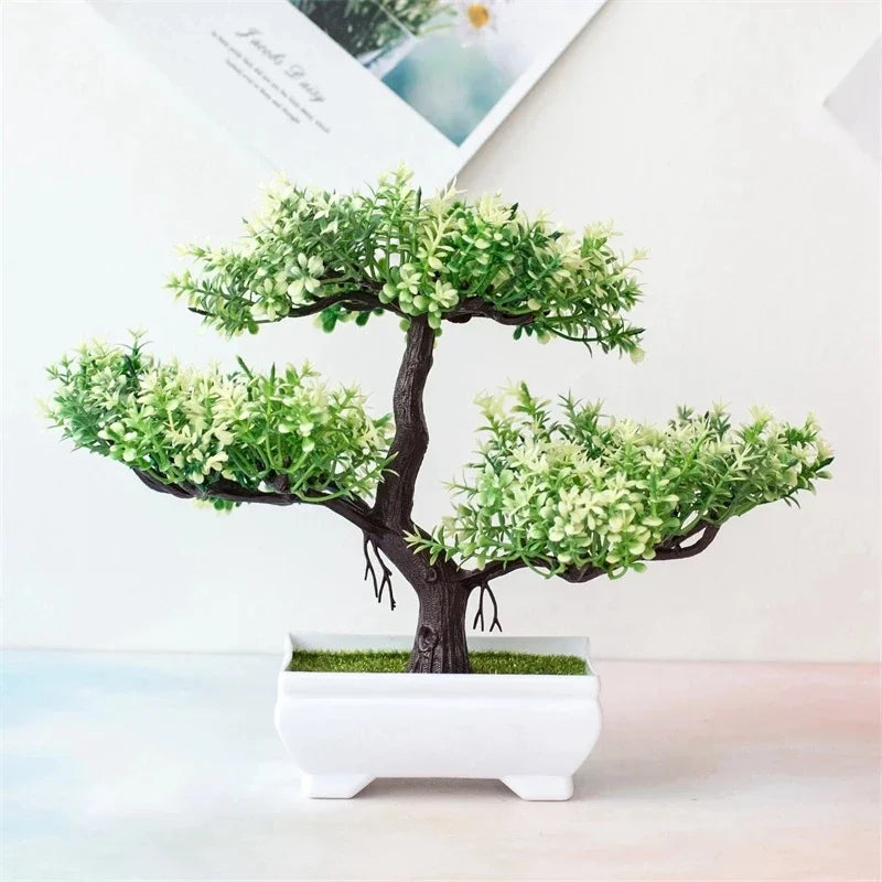 bonsaï artificiel vert rose violet orange feuilles fines tronc épais pot blanc mousse verteextérieur