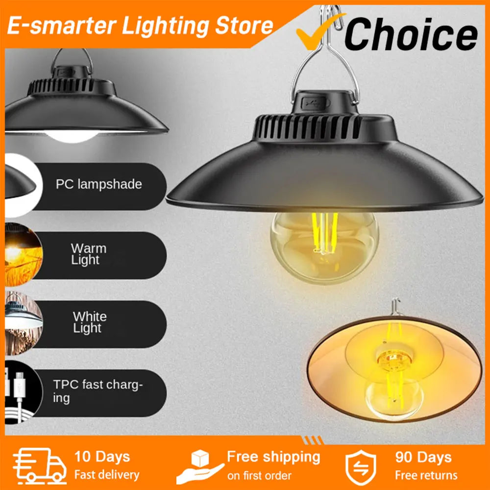 lampe suspendue rechargeable led noire industrielle fixations adhésives lumière variable camping decoration extérieure