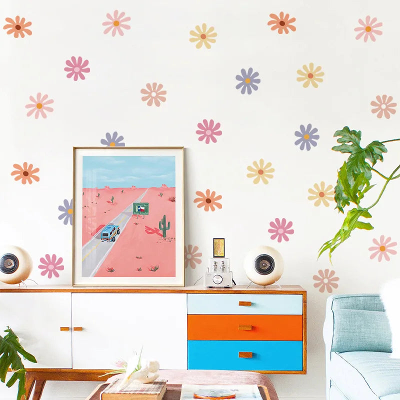 sticker mural moderne fleur simple rose orange jaune bleu adhésif décoration chambre fille