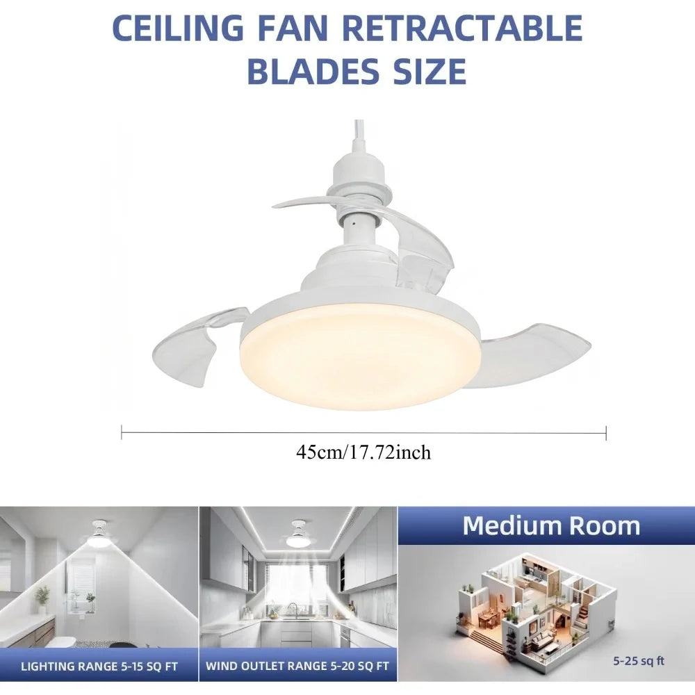 ventilateur rétractable lumière blanc moderne télécommande réglage vitesse luminosité couleur