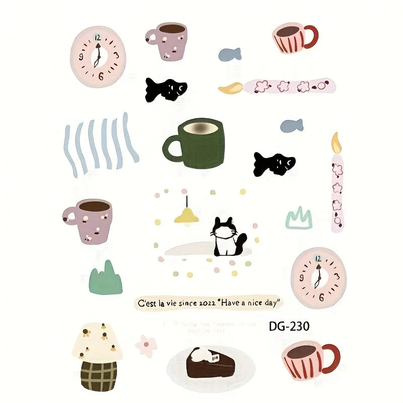 autocollants cartoon vinyle adhésifs flat dessins animés motifs simples tasses chats gâteaux coussins lampes