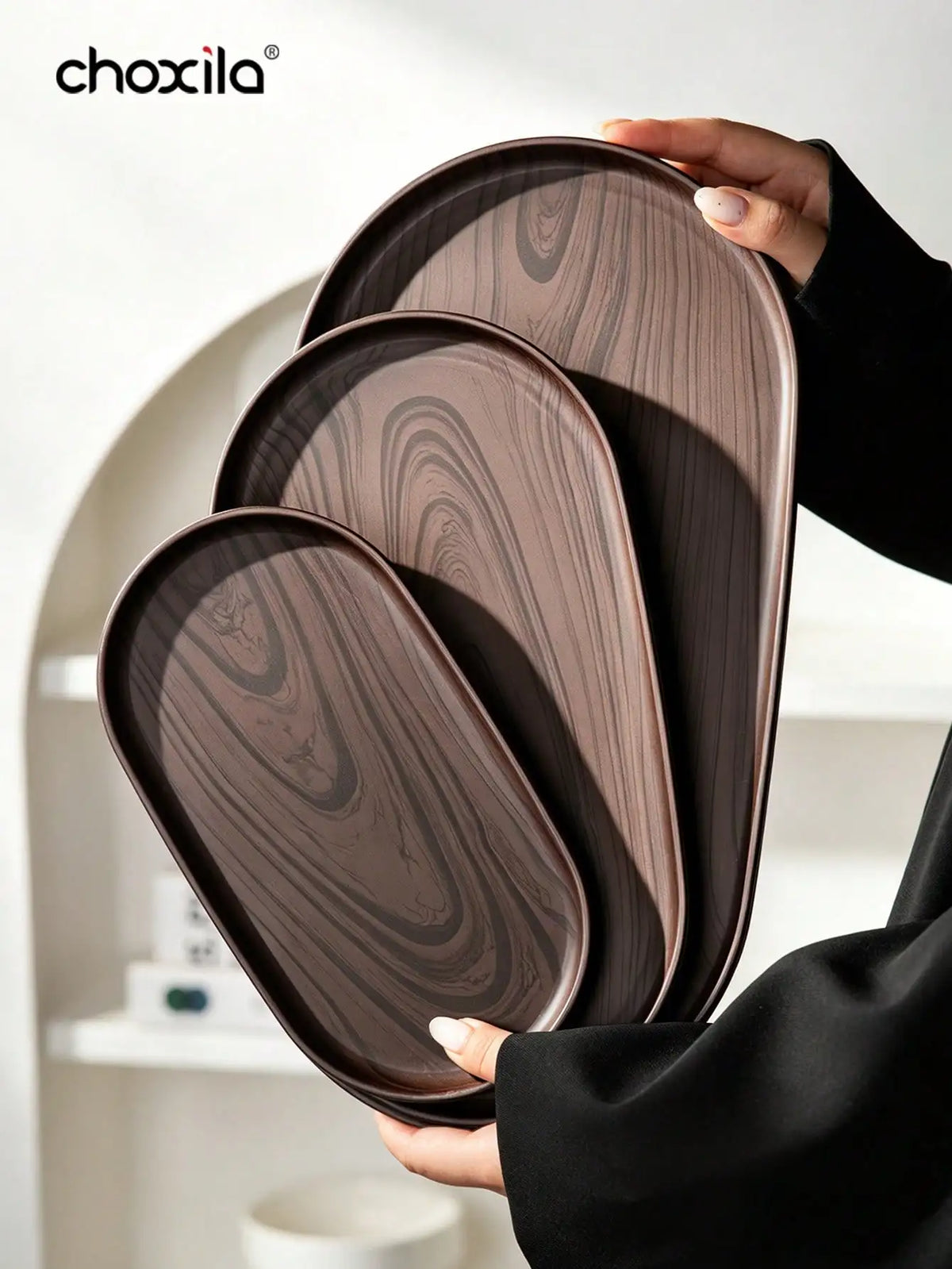 assiettes ovales marron marbre modernes set différentes tailles rangement maison decoration